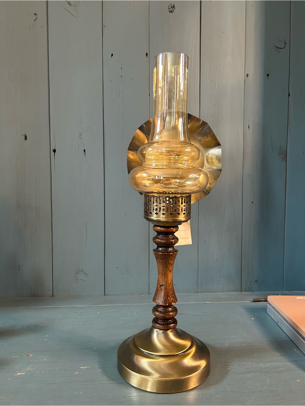 Vintage “Brite Metal” Brass & Wood Table Candle Lamp - Amber Glass Chimney